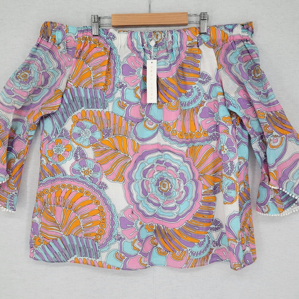 Trina Turk Off Shoulder Bell Sleeve Pom Pom Trim Floral Paisley Top XL Multi NWT